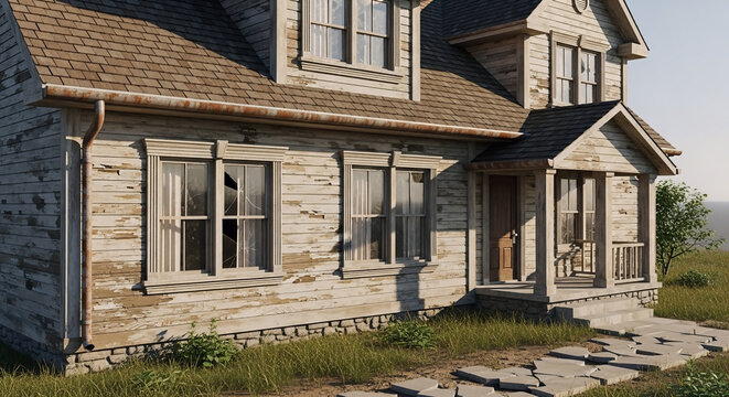 A fixer upper house with weathered wooden siding and a damaged exterior needing renovation in a quiet rural setting under bright natural sunlight