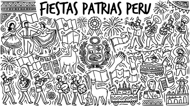 Peruvian National Holidays (Fiestas Patrias) Black and White Line Art Doodle. Peru Culture, History  Tradition Celebration. Patriotic Festival Design.