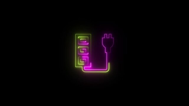 Neon glowing power strip icon with electrical plug on black background minimalist line art design of a multisocket extension cord