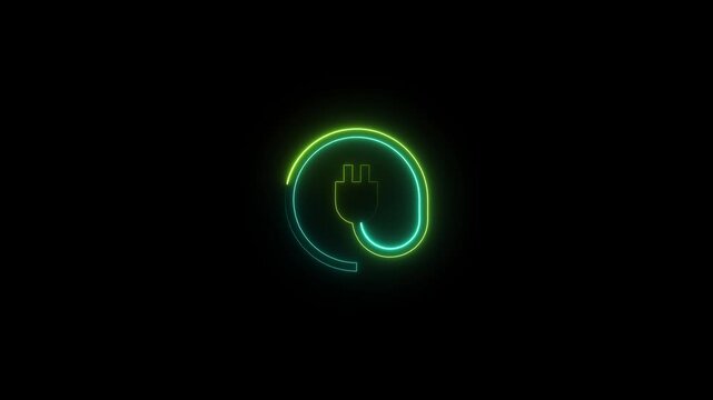 Neon glowing electric plug icon with circular cable outline animation on black background