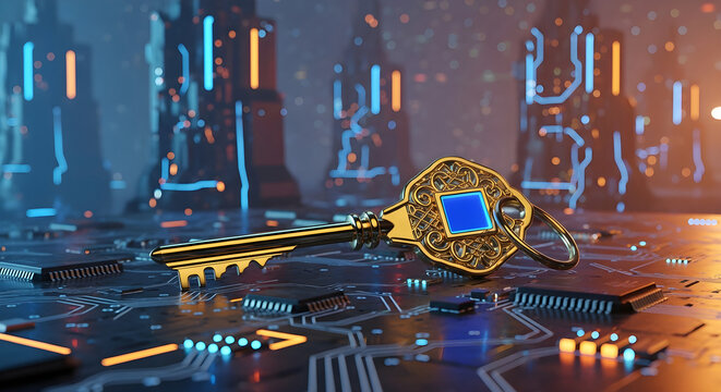 Golden key with digital chip on circuit board background representing data access and encryption security
