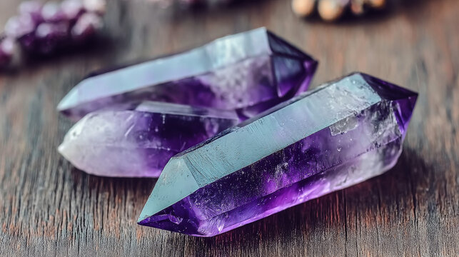 Macro photography of raw amethyst and clear quartz crystal points on dark wood. Divination tools, natural stone purple crystals Cinematic, shallow depth of field, ethereal glow.