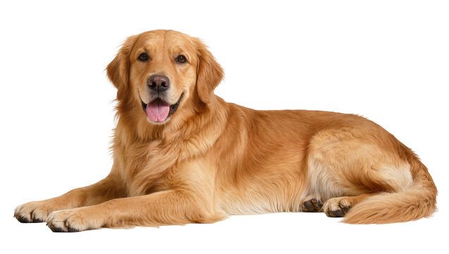 Golden Retriever dog lying down panting happily, isolated on transparent background