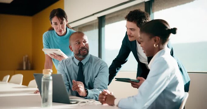 Finance, laptop and meeting with business man in boardroom for performance review. Conversation, investment feedback and tablet with employee people in financial workplace for risk management