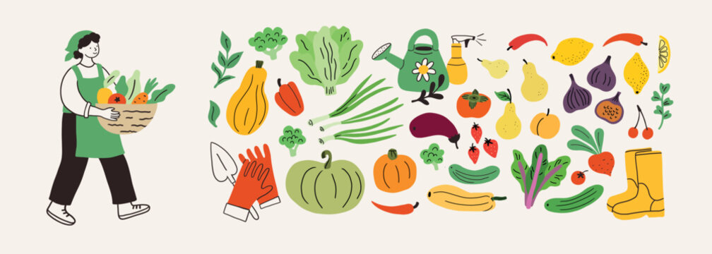 Farmer with basket. Farm agricultural local food, vegetables roots from farm, local market concept. Hand drawn simple doodle illustration. Farming, agriculture or local organic production set. No gmo.