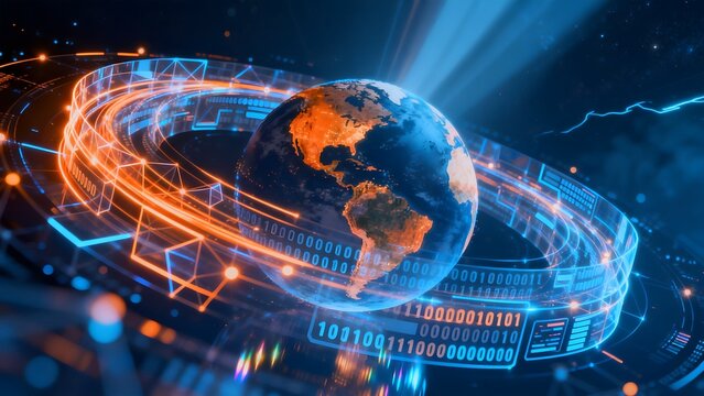 Globe with digital network and binary code