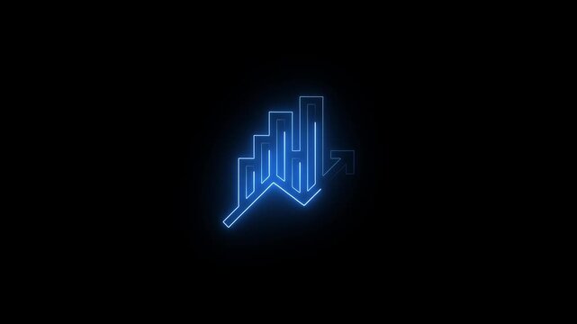Neon glowing line art icon of a bar chart with an upward trend arrow on a black background