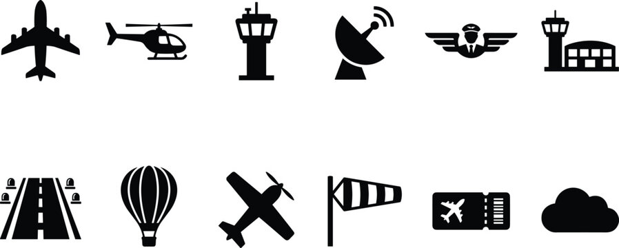 Aviation and airport flat black vector icon set with airplane, control tower, runway, helicopter and flight symbols