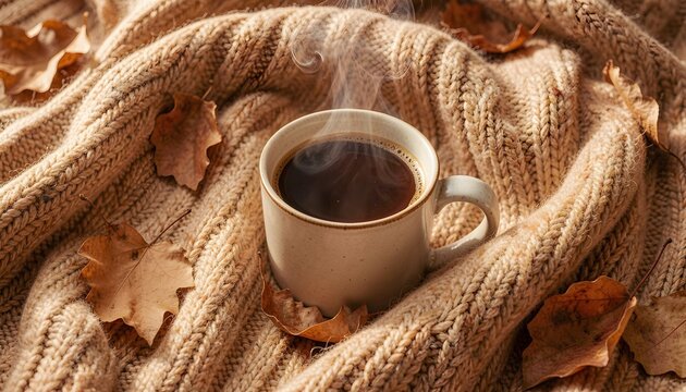 Steaming hot mug of black coffee wrapped in a cozy thick knit sweater blanket with dry autumn leaves