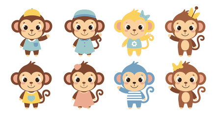 Fototapeta premium Eight cartoon monkeys dressed differently on white background