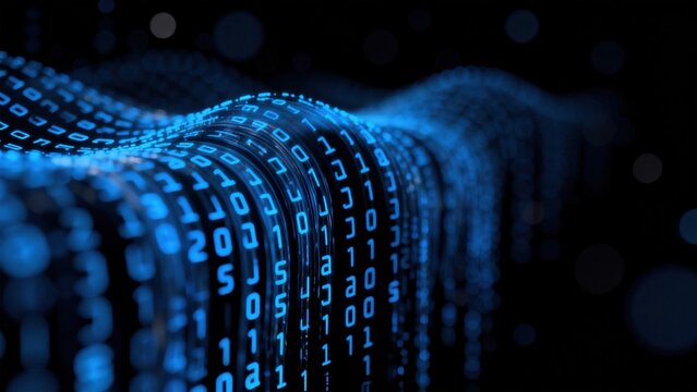 Binary code wave on dark background