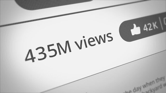 Millions of views counter as people watch video become trendy viral popular on social media video streaming website and player. Interface of website ranking up views and likes creating buzz and fame