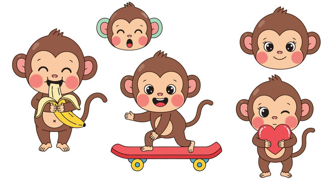 Monkeys skateboard while eating bananas and displaying emotions.