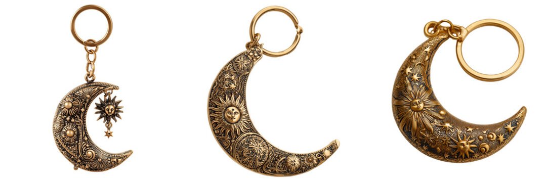 Set of Gold Crescent Moon Keychain with Embossed Sun Faces and Stars transparent png background. Ai generated