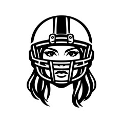 Logo fútbol americano femenino. Icono con cabeza de chica joven con casco de fútbol americano, vista de frente  © teracreonte