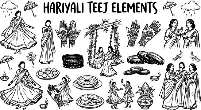 Hariyali Teej Indian Festival Elements Hand-drawn Black and White Line Art Doodle Set featuring women, mehndi, swings, sweets, and monsoon symbols.