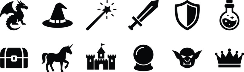 Fantasy and magic flat black vector icon set with dragon, sword, wizard hat, castle and mythical creature symbols © ArtMint