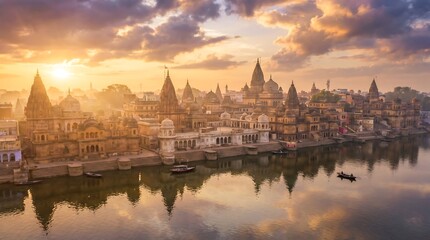 Fototapeta premium Ayodhya at Golden Hour - Lord Rama's City Bathed in Radiant Light