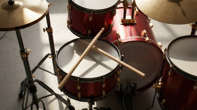 Drum kit with crossed drumsticks resting on snare and cymbals in studio