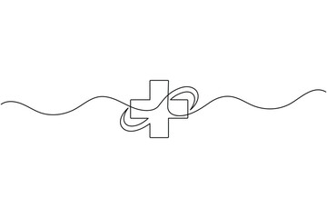 Obraz premium Medical Cross Minimal Line Art Vector, Healthcare Outline Symbol, Continuous Drawing Illustration