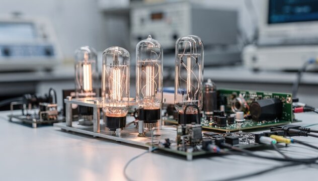Medium shot showcasing an audio tube prototype setup on a lab bench highlighting delicate glass structures and sound modulation components in development.