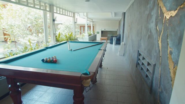 Billiard Table with Arranged Balls at Outdoor Hotel Area