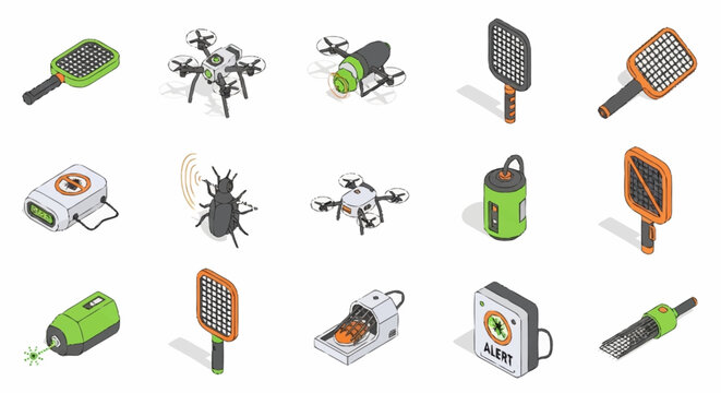 Pest control icons set with various tools.