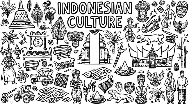 Indonesian Culture Doodle Collection Black and White Line Art. Hand-drawn set featuring traditional symbols, people, architecture, and iconic elements.
