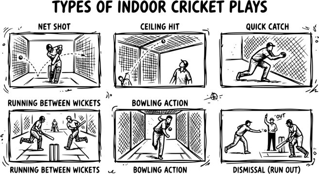 Types of Indoor Cricket Plays and Actions: Black and White Line Art Illustration of Players Batting, Bowling, Catching, Running, and Dismissals in a Sports Net