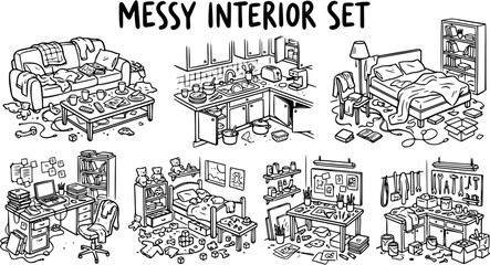 Naklejka premium Hand-drawn Black and White Line Art Set of Messy Household Interiors and Cluttered Rooms. Daily Life Disorganization Doodle Collection.