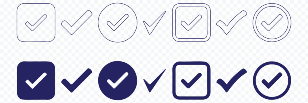 Set green approval check mark and red cross icons in circle and square, checklist signs, flat checkmark approval badge, isolated tick symbols
