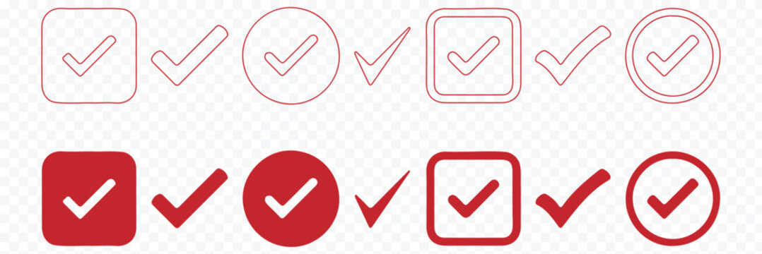 Set green approval check mark and red cross icons in circle and square, checklist signs, flat checkmark approval badge, isolated tick symbols