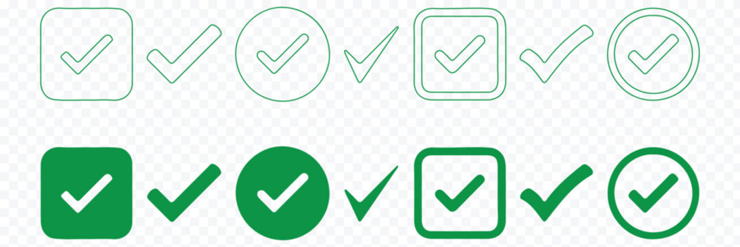 Set green approval check mark and red cross icons in circle and square, checklist signs, flat checkmark approval badge, isolated tick symbols