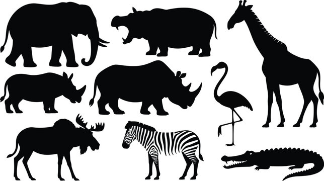 Set of wild African animal silhouettes including elephant, giraffe, zebra and rhinoceros icons