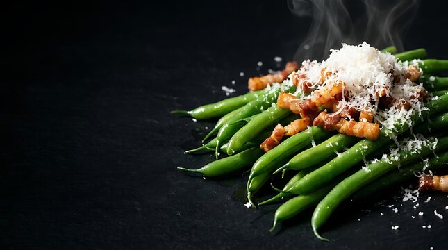 Mound of garden fresh green beans decorated with thick cut bacon and white cheese on dark surface.