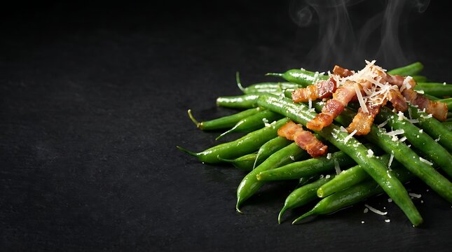 Glossy blanched green beans with savory bacon lardons and cheese crumbles on black slate backdrop.