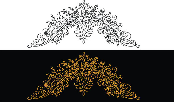 Symmetrical floral arch architrave vector design with intricate luxury filigree swirls and rose motifs in black and gold variations