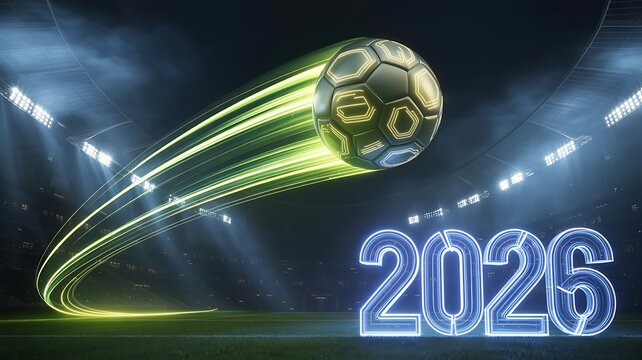 Glowing neon 2026 text with a fast moving soccer ball leaving a light trail in a night stadium