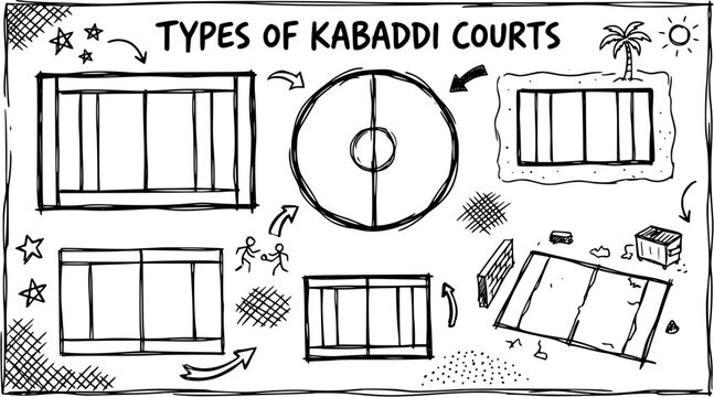 Sports Kabaddi Courts: Black and White Hand-Drawn Line Art Illustration of Diverse Court Types and Game Setups, Perfect for Athletics  Design.