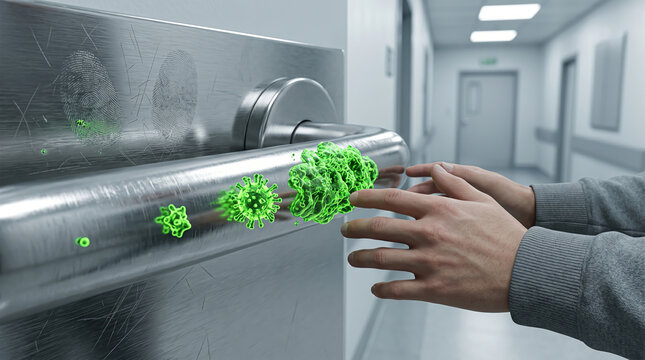 Pathogen transmission conceptualized by microscopic green biological clusters colonizing a brushed metal door handle within a sterile clinical facility.