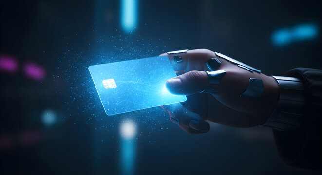 Robotic hand holding a glowing digital credit card