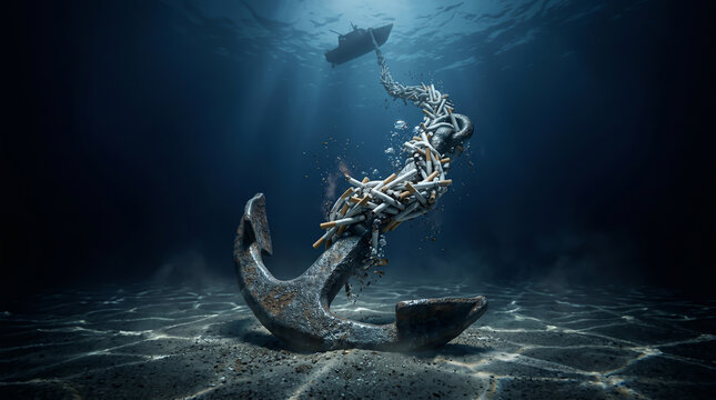Environmental toxicity depicted by thousands of discarded cigarette butts intertwined to form a rope connecting a heavy anchor to a boat underwater.