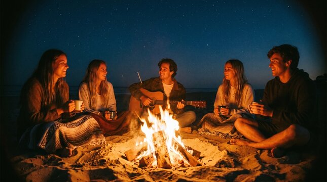 Young friends gathered around a beach campfire at night