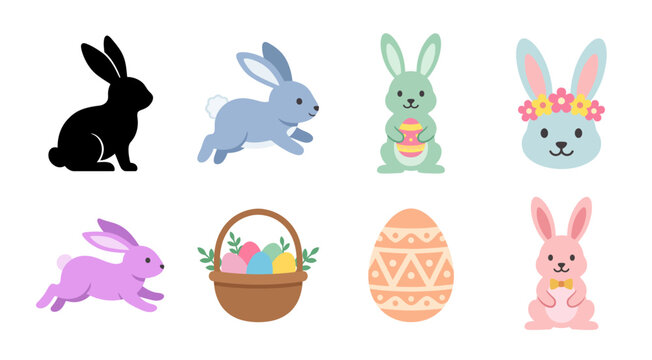 Collection of cute cartoon rabbits and easter eggs on transparent background