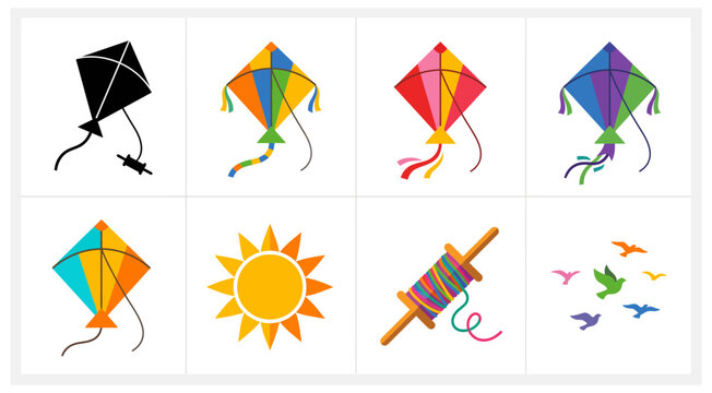 Colorful kites collection on transparent background