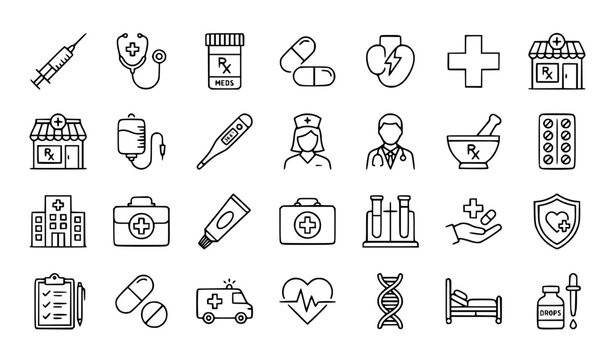 Medical drugs line icons healthcare pharmacy pills syringe vector editable stroke
