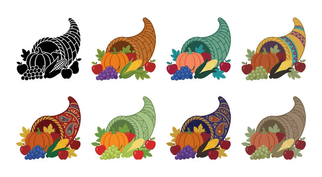 Collection of cornucopia illustrations with fruits and vegetables on transparent background