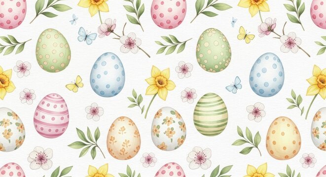 Seamless pattern with hand drawn easter eggs and spring flowers on clean white background for wrapping paper design.