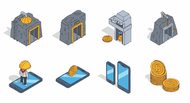 Isometric cryptocurrency mining and gold coins.