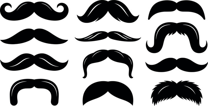 Vintage mens mustache black silhouette vector icon set isolated on white background
